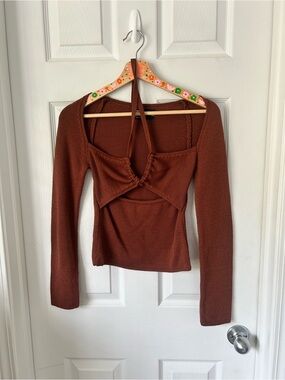 ASOS Brown Long-Sleeve Cutout Knit Top